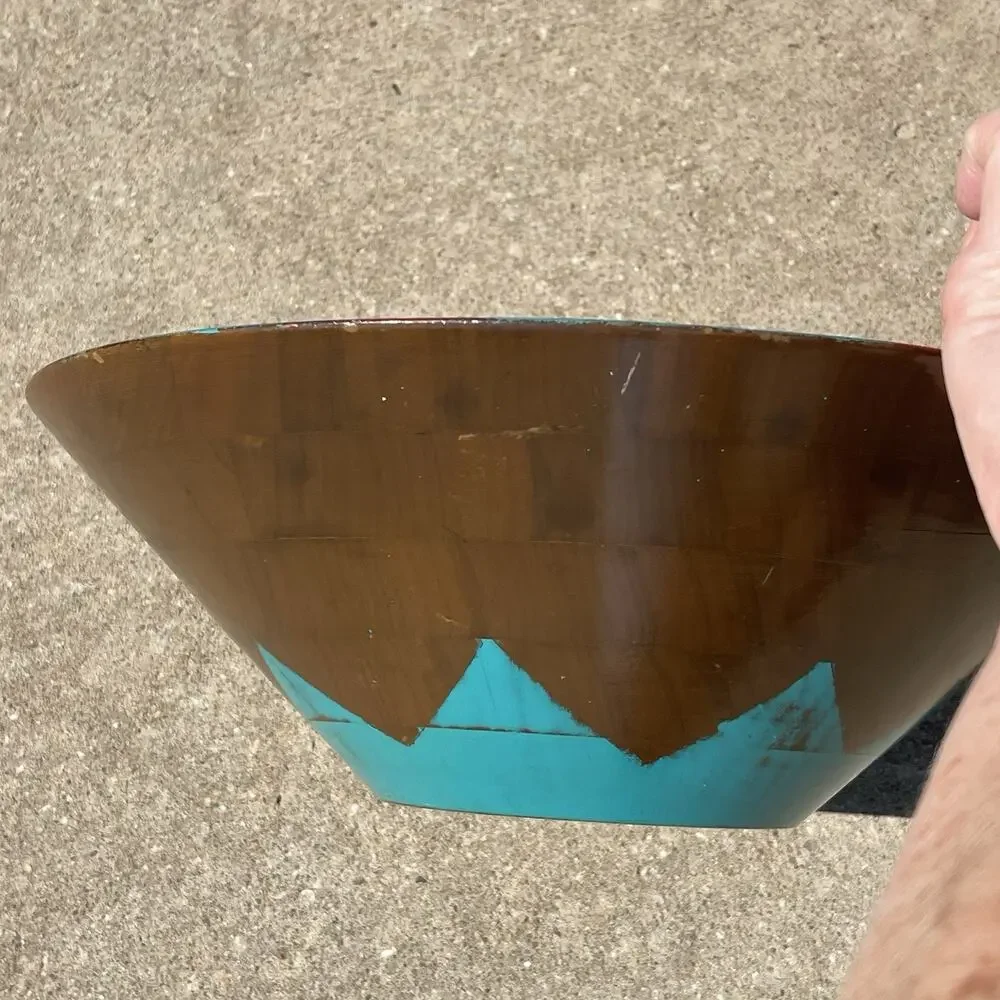 Wooden Bowl Hand Painted Red Turquoise Southwest Decor Art‎ Signed 14 x 4.5